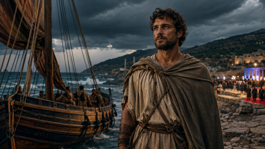 The Odyssey box office success represented by an ancient Greek traveler, a wooden ship, and a cinema premiere atmosphere