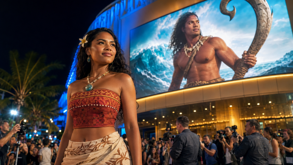Moana live-action trending with Moana outside a busy movie theater
