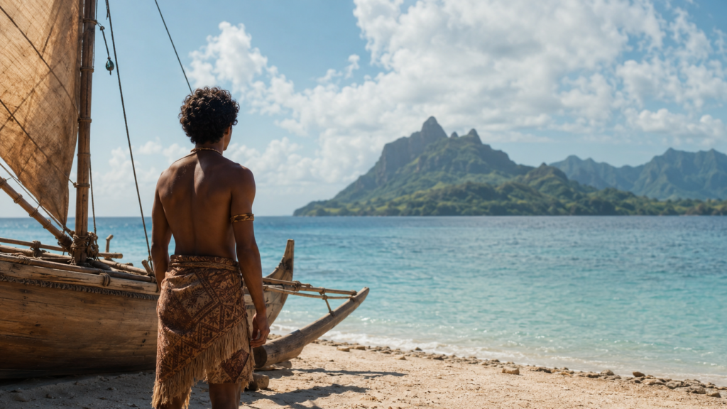 Moana live-action review featuring Catherine Lagaʻaia on a Pacific island with Maui and a sailing canoe