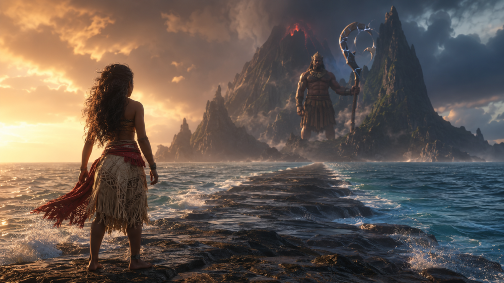 Moana ending explained with a young wayfinder approaching a lava island across the ocean