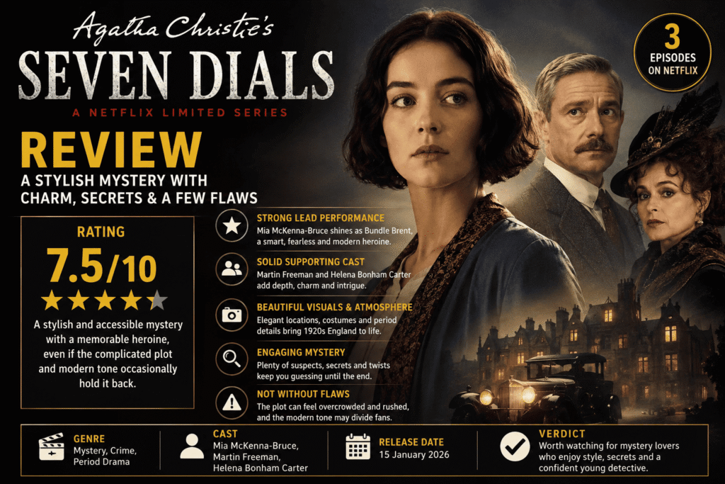 Agatha Christie's Seven Dials review featuring Mia McKenna-Bruce, Martin Freeman and Helena Bonham Carter