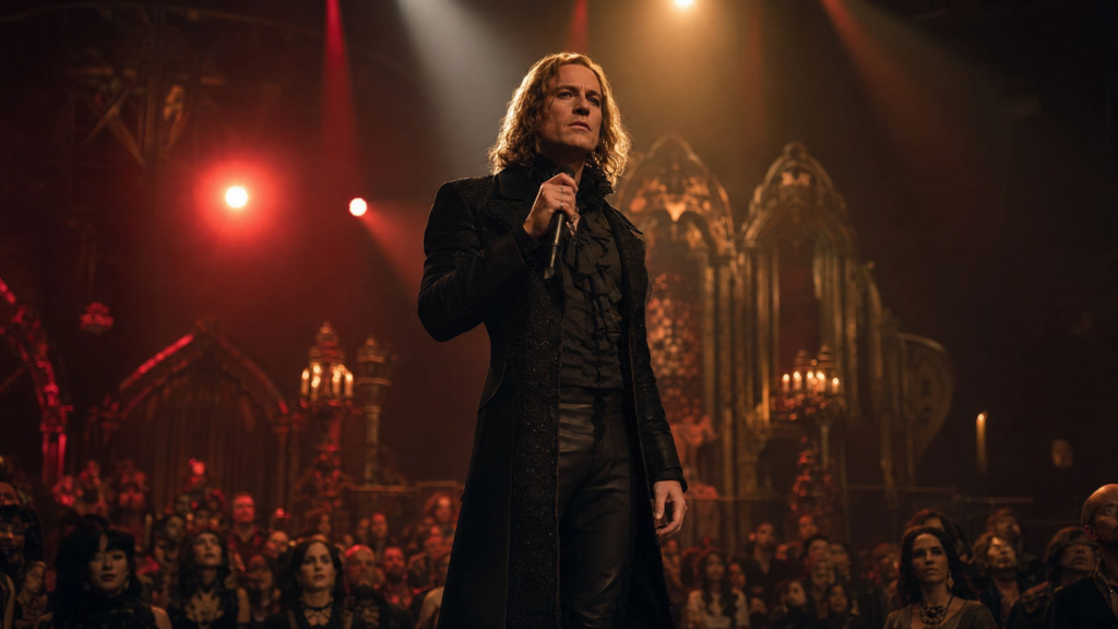The Vampire Lestat review featured image showing Lestat on a dramatic gothic concert stage
