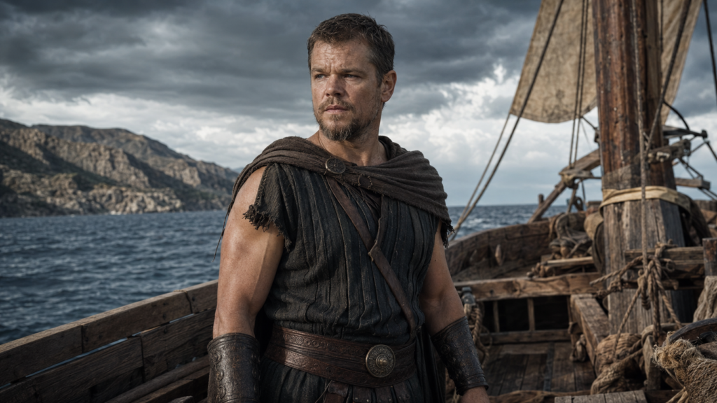 The Odyssey 2026 Review featuring Matt Damon as Odysseus aboard an ancient ship