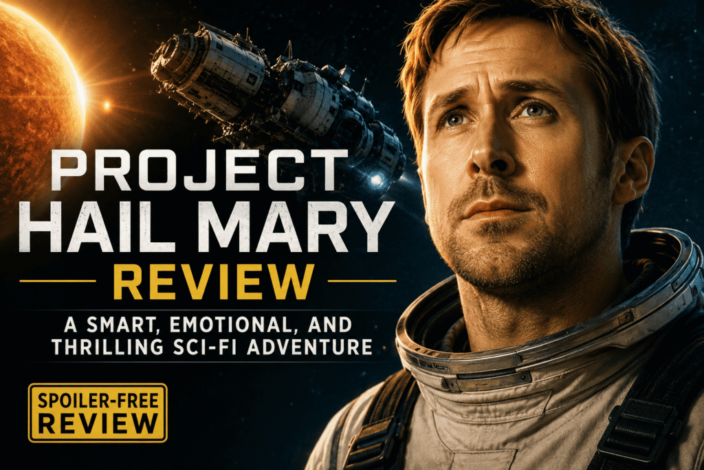 Project Hail Mary review featuring an astronaut, spacecraft, and glowing star in deep space
