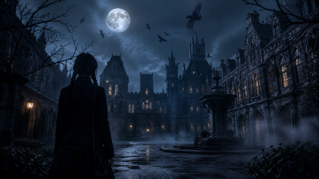 Anonymous gothic student facing a misty academy courtyard for a wednesday season 2 review
