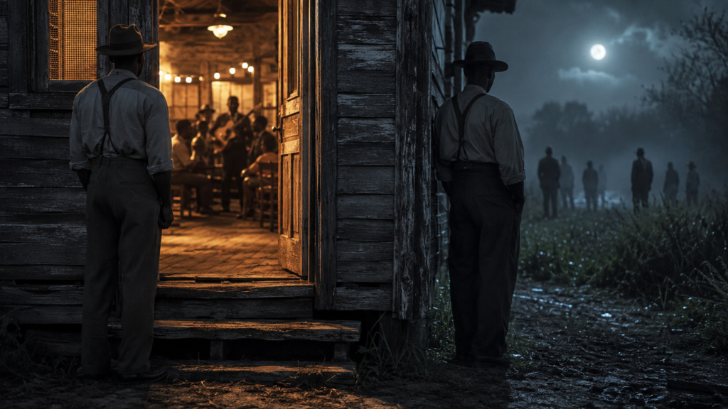 Sinners movie explained image of anonymous twin brothers divided by a 1930s Mississippi juke-joint doorway at night