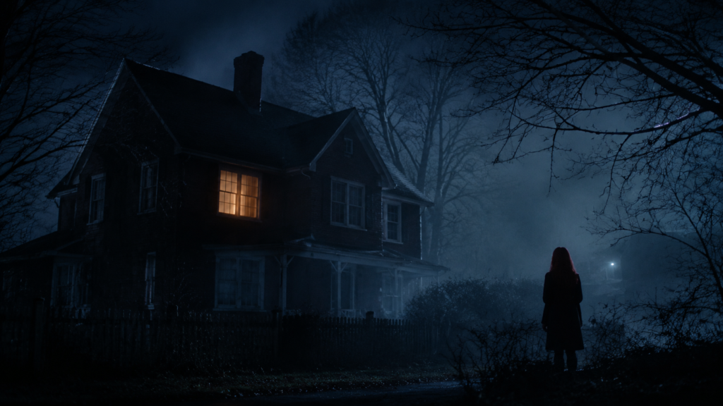 Eerie suburban house and distant red-haired silhouette representing the weapons prequel