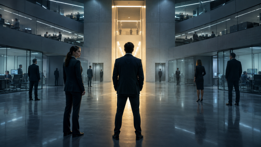 Original office workers face a glowing corridor inside a mysterious corporate workplace for Severance Season 3.