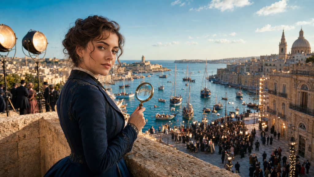 Enola Holmes 3 Netflix success represented by a Victorian detective overlooking a busy Malta harbor