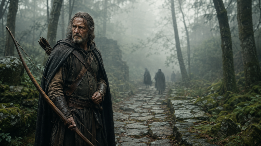 The Death of Robin Hood review featuring an aging medieval outlaw in a misty forest