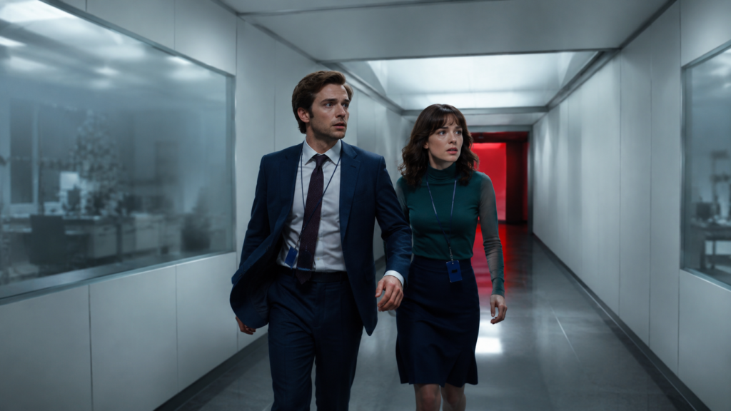 Severance Season 2 ending explained with two office workers escaping through a mysterious corporate hallway