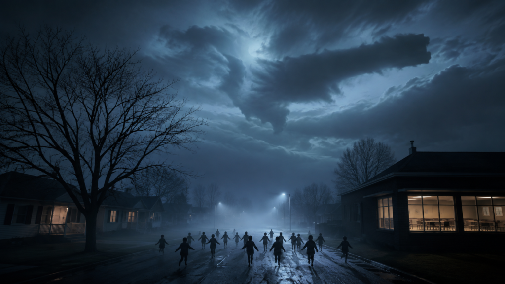 Weapons ending explained with child silhouettes, a suburban street, and a thorny tree beneath an ominous night sky
