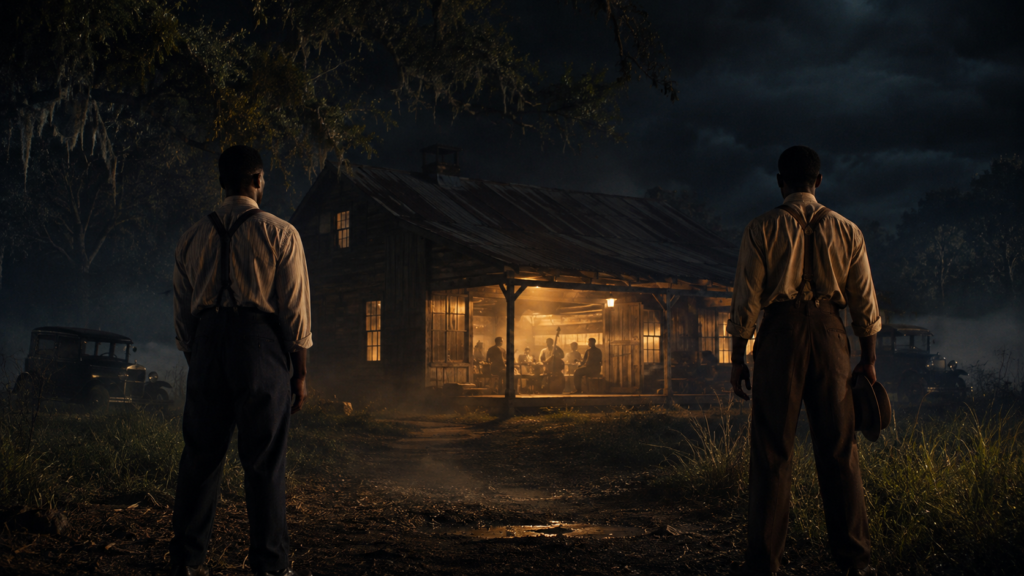Sinners review image of anonymous twin brothers outside a 1930s Mississippi juke joint at night