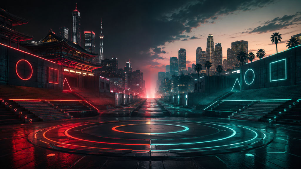 Squid Game Season 4 future represented by an empty game arena and Los Angeles skyline
