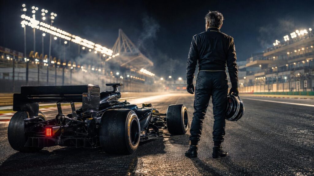 F1 movie ending explained with a veteran driver beside a race car at the final circuit