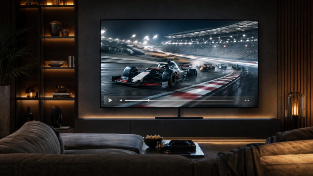 F1 movie streaming on a large television in a modern home cinema