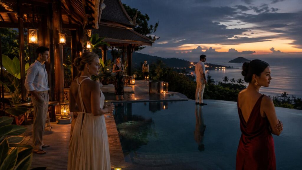 White lotus season 3 review image of a luxurious Thai tropical resort with guests gathered beside an infinity pool at dusk