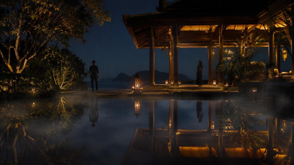 Luxurious Thai resort at night reflecting the tragic white lotus season 3 ending.