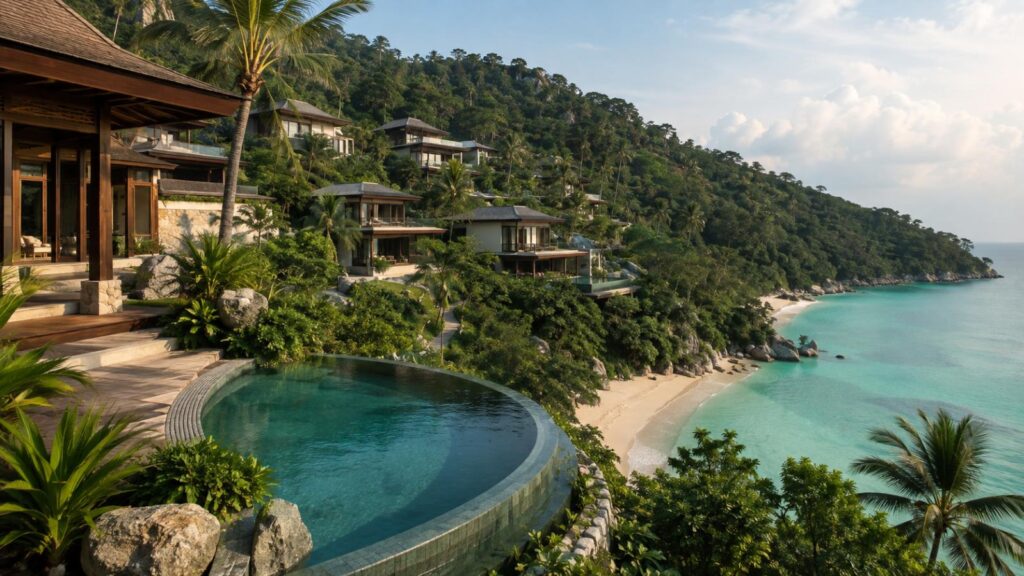 Original hillside Thai resort overlooking a bay, inspired by the white lotus season 3 location guide.