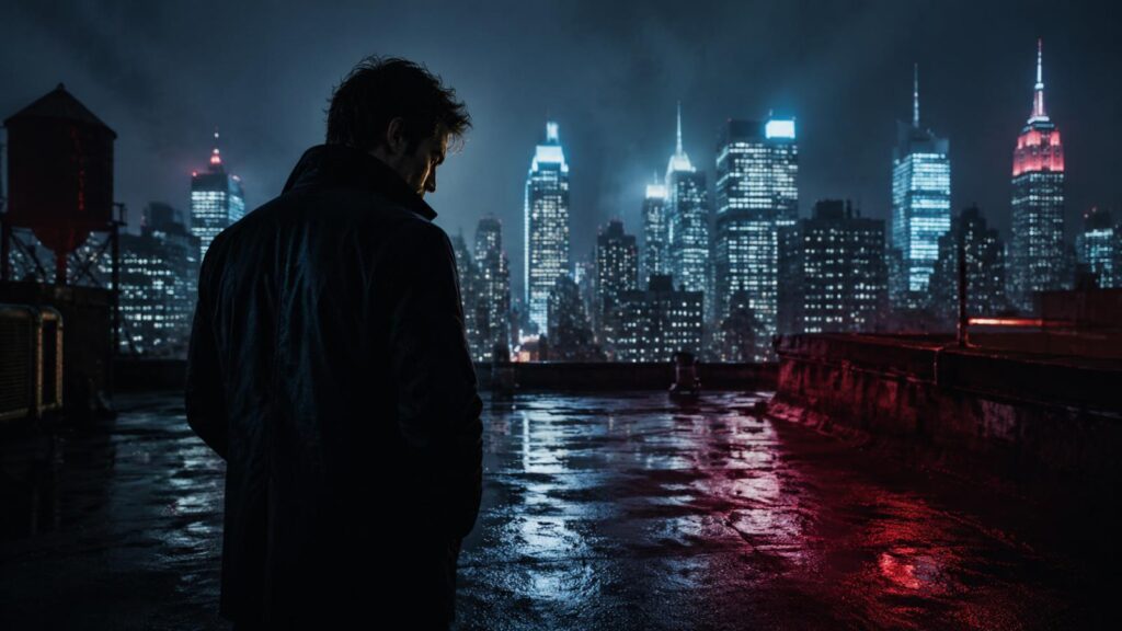 Dexter resurrection review featured image with an original male antihero overlooking nighttime Manhattan from a rain-soaked rooftop
