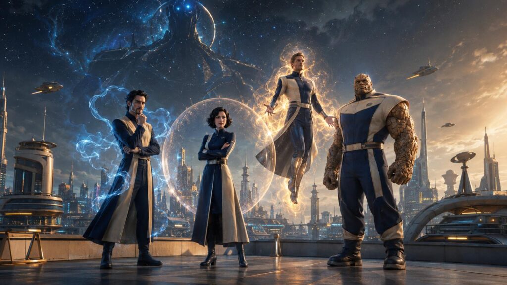 Fantastic Four First Steps review featured image with four retro-futuristic family superheroes facing a cosmic threat.