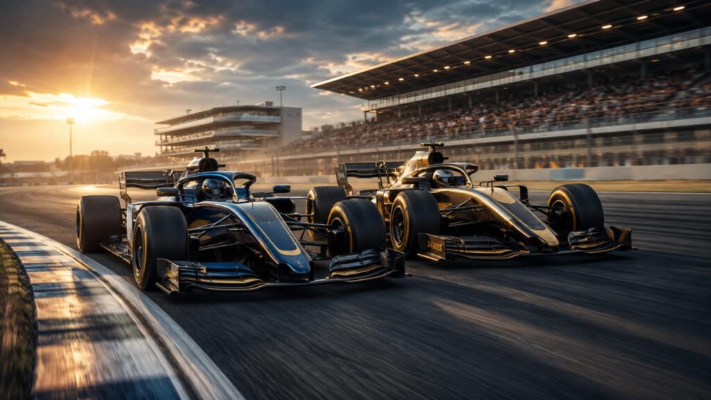 High-speed open-wheel race cars on a dramatic circuit for an f1 movie review