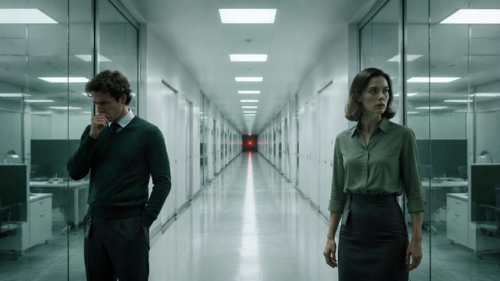 Severance Season 2 review featured image showing two office workers in a mysterious corporate hallway