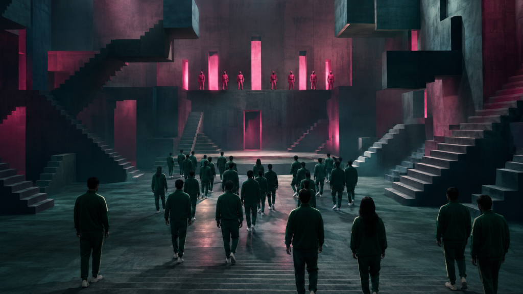 Anonymous contestants enter a surreal arena in an original image for a squid game season 3 review.
