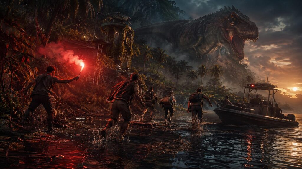 Who dies in Jurassic World Rebirth ending scene with survivors escaping the D-Rex