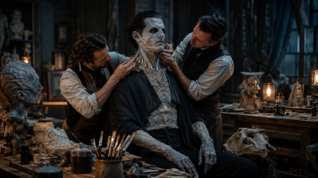Jacob Elordi Frankenstein makeup concept with pale sculptural prosthetics in a Gothic practical-effects workshop