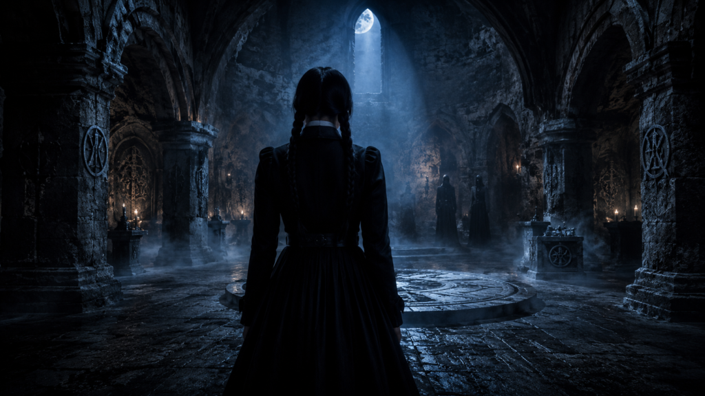 Anonymous gothic student exploring a mysterious underground chamber in Wednesday Season 2 Part 2.