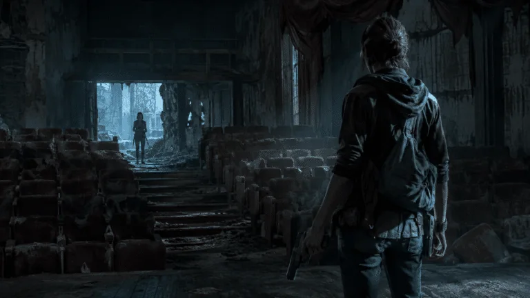 The Last of Us Season 2 ending confrontation inside an abandoned post-apocalyptic theater.