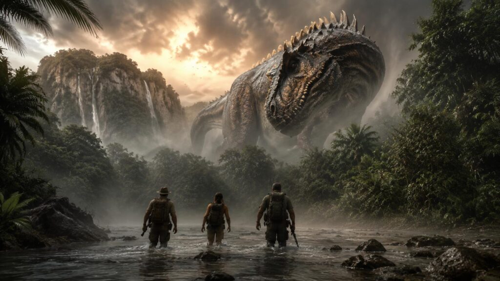 Jurassic World Rebirth reviews feature image with an enormous dinosaur facing a tropical expedition