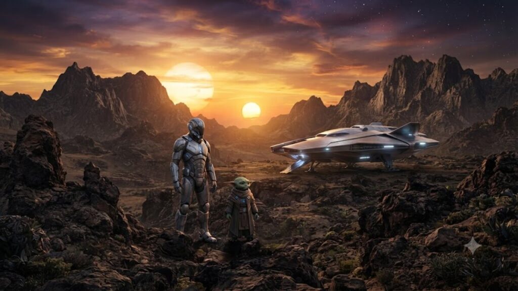 The Mandalorian and Grogu ending explained featured image with an armored guardian, a small green apprentice, and a spacecraft at sunset.