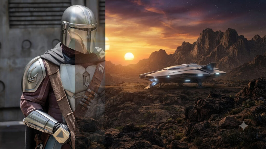 The Mandalorian and Grogu review featured image showing an armored space warrior and a small green apprentice on an alien world.