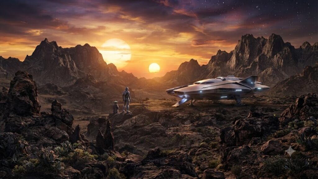 The Mandalorian and Grogu movie featured image showing an armored space traveler, a small green apprentice, and a spacecraft at sunset.