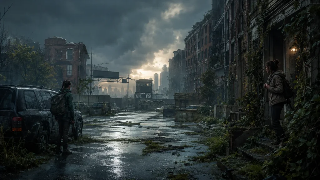 The Last of Us Season 2 review featured image showing survivors in a rain-soaked post-apocalyptic city.