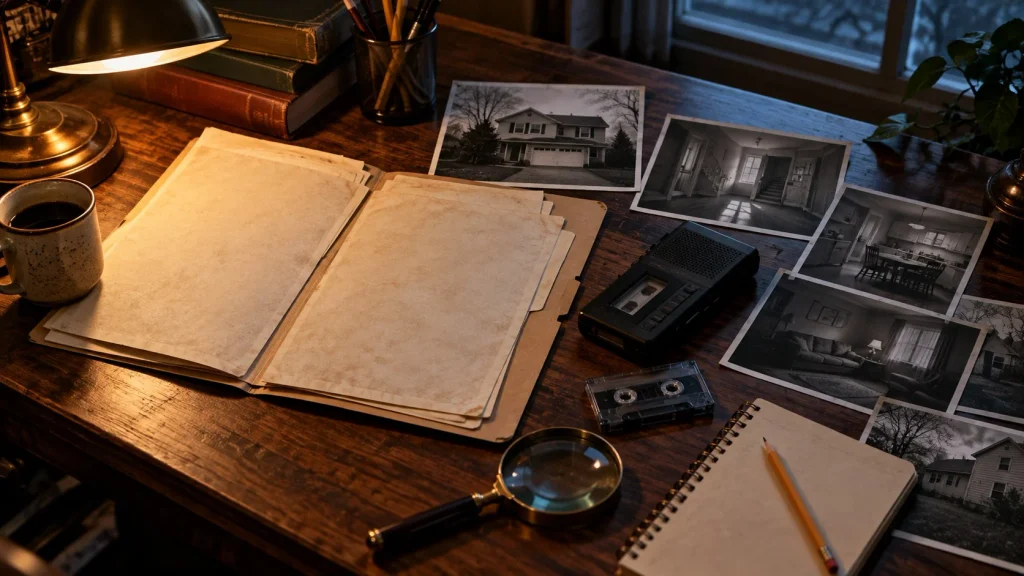 The Conjuring Last Rites true story illustration with papers, house photographs, and a cassette recorder on a desk.