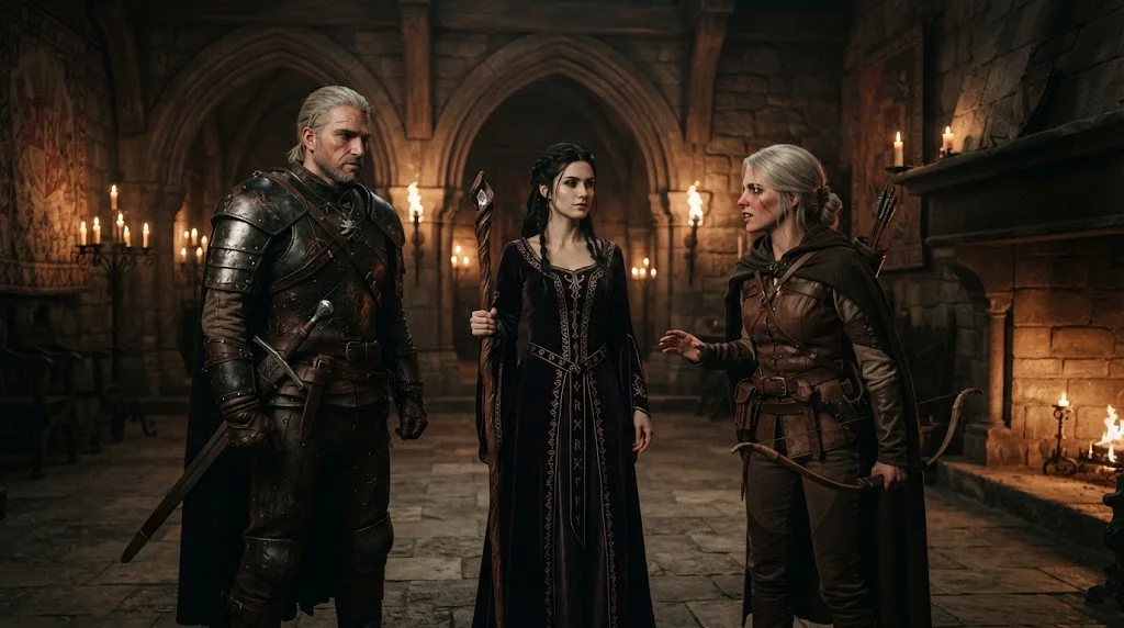 The Witcher Season 4 cast illustration featuring a silver-haired swordsman, a violet-clad sorceress, and an ash-blonde adventurer