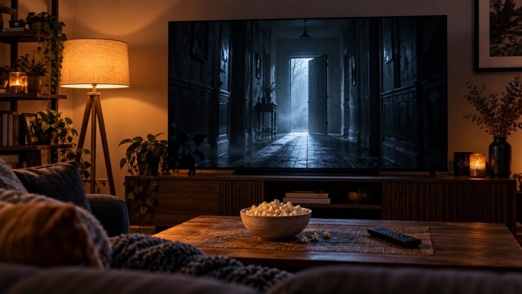 The Conjuring Last Rites streaming illustration with a television showing an eerie hallway, popcorn, and a remote.