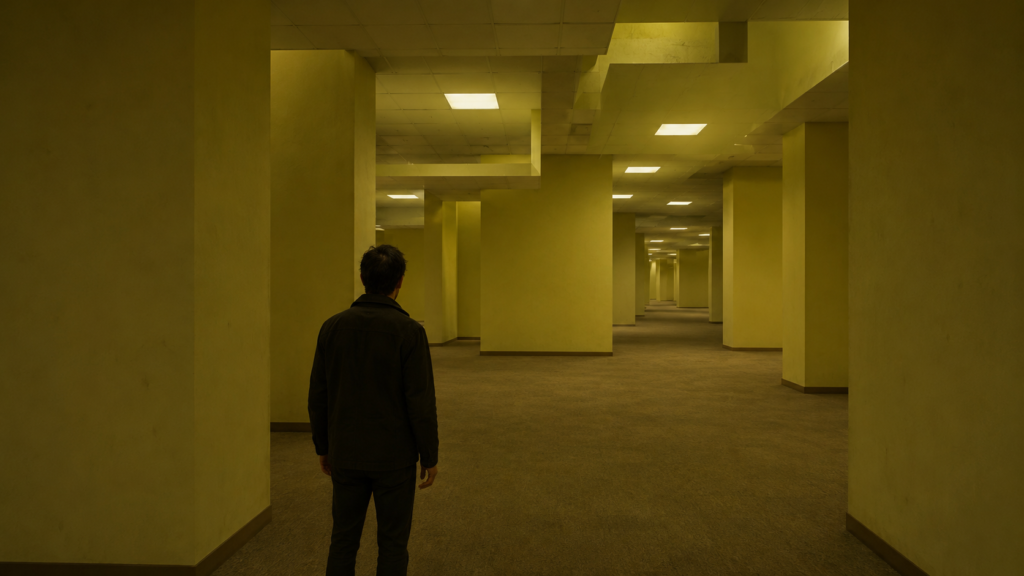 Persona frente a un inquietante laberinto amarillo en una imagen para backrooms final explicado.