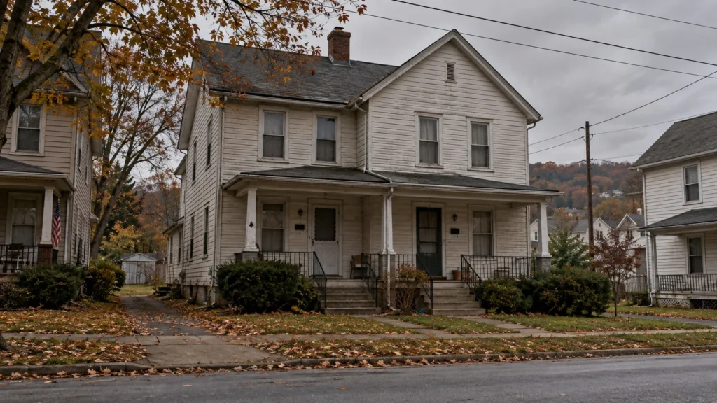 The Conjuring Last Rites true story illustration of a Pennsylvania-style duplex on a quiet autumn street.