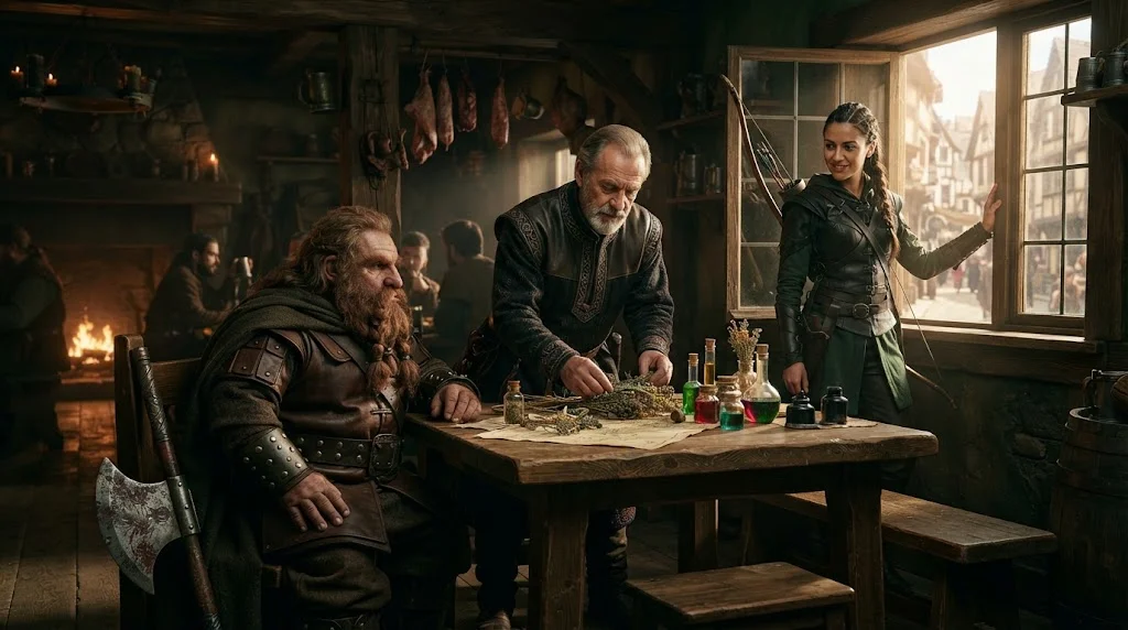 A gray-bearded healer examining herbs beside a dwarf traveler and a female archer in a sunlit medieval inn