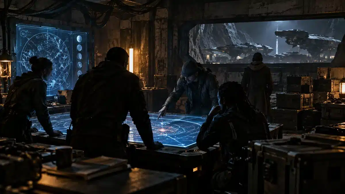 Andor Season 2 review scene with resistance operatives planning around tactical displays