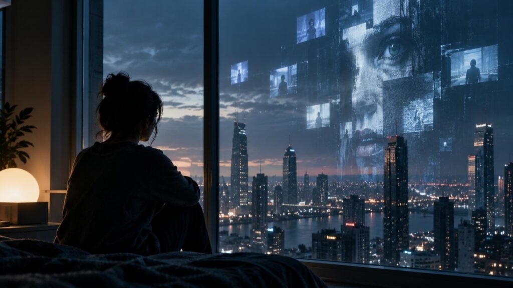 Black Mirror Season 7 review image of a woman facing a futuristic city and digital surveillance screens