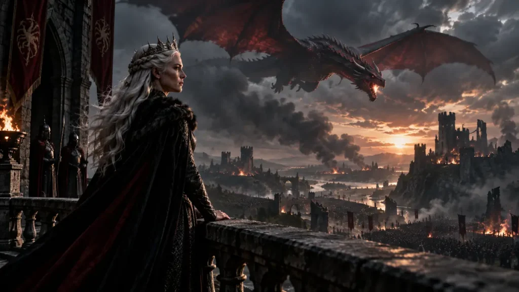 House of the Dragon Season 3 con una reina frente a un reino en guerra y un dragón sobrevolando el cielo