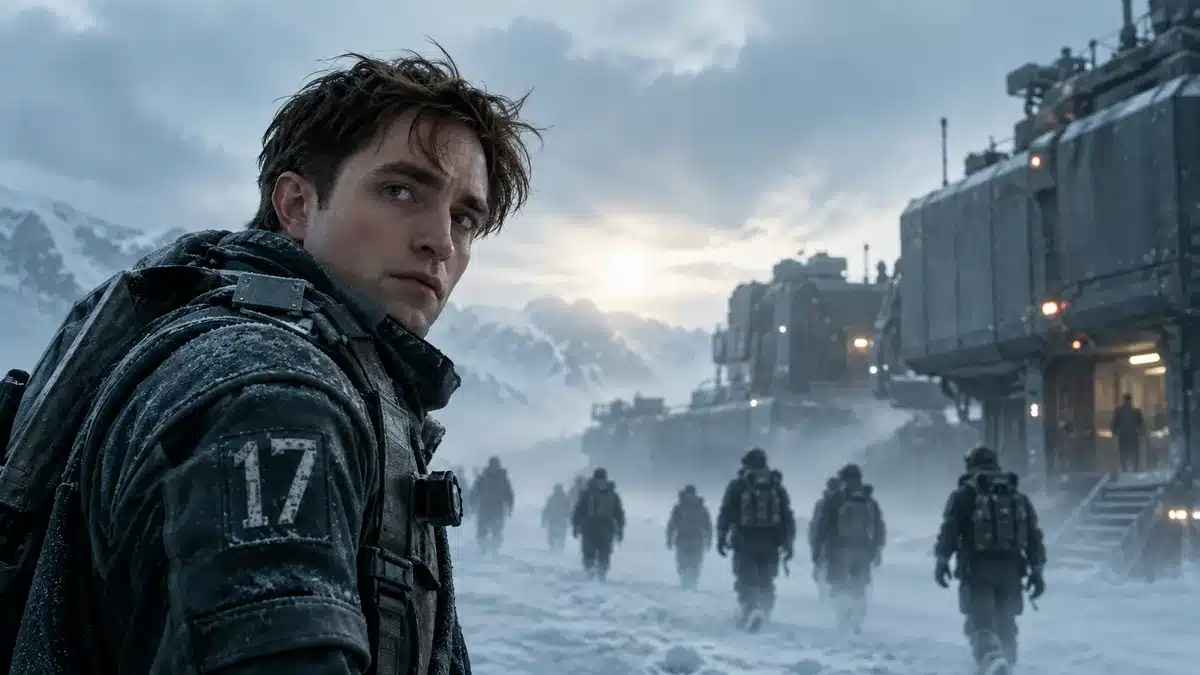 Frozen sci-fi colony scene from the Mickey 17 review with workers crossing the snow