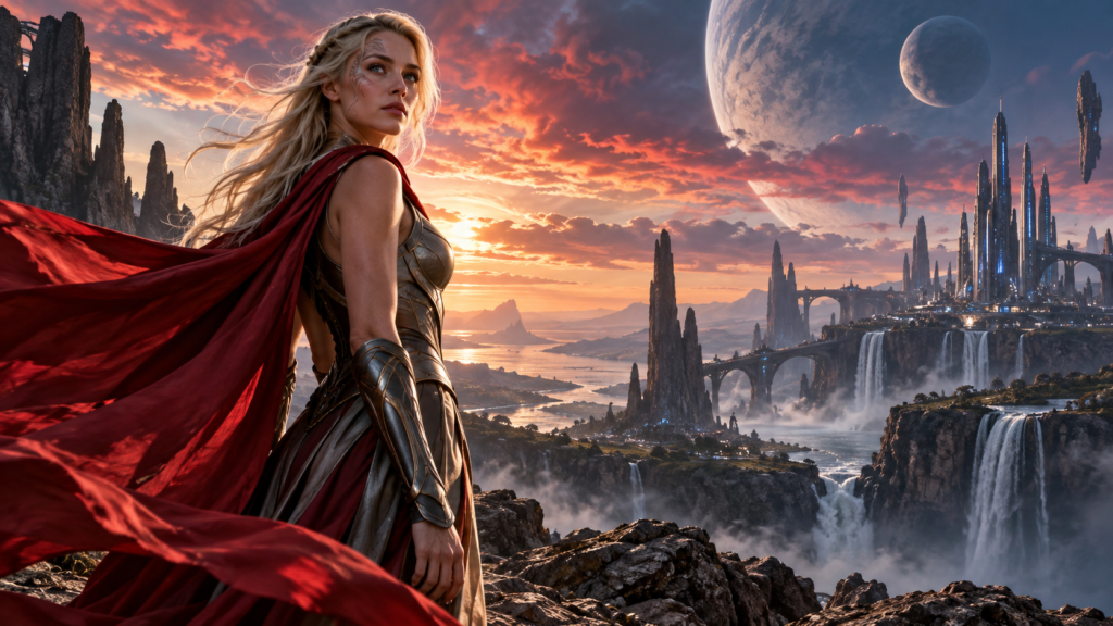 Heroína alienígena con capa roja bajo un cielo cósmico en Supergirl 2026