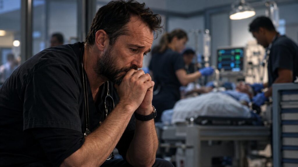 The Pitt Season 2 finale medical drama scene with an exhausted ER doctor