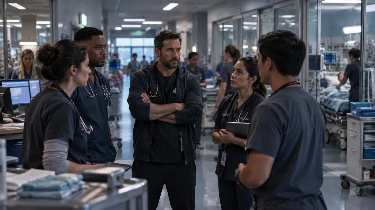 The Pitt Season 3 cast in a hospital emergency department briefing